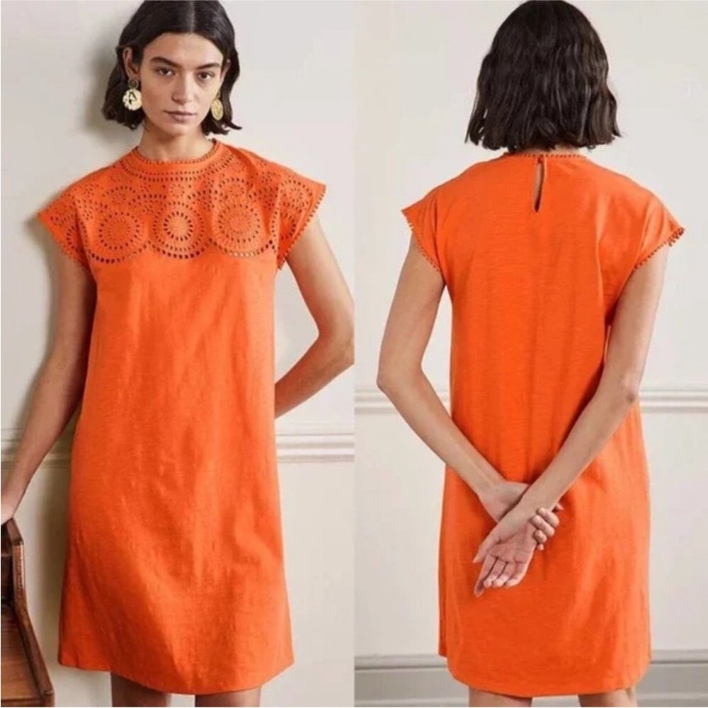 Boden Cutwork Jersey T-Shirt Dress Clementine Orange Floral Eyelet Sheath 6 NWOT